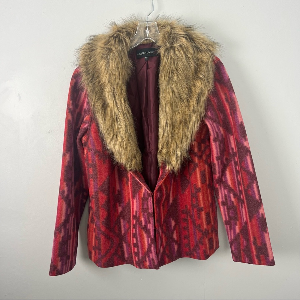 Colleen Lopez Red and Pink Tribal Jacket with Faux Fur Collar